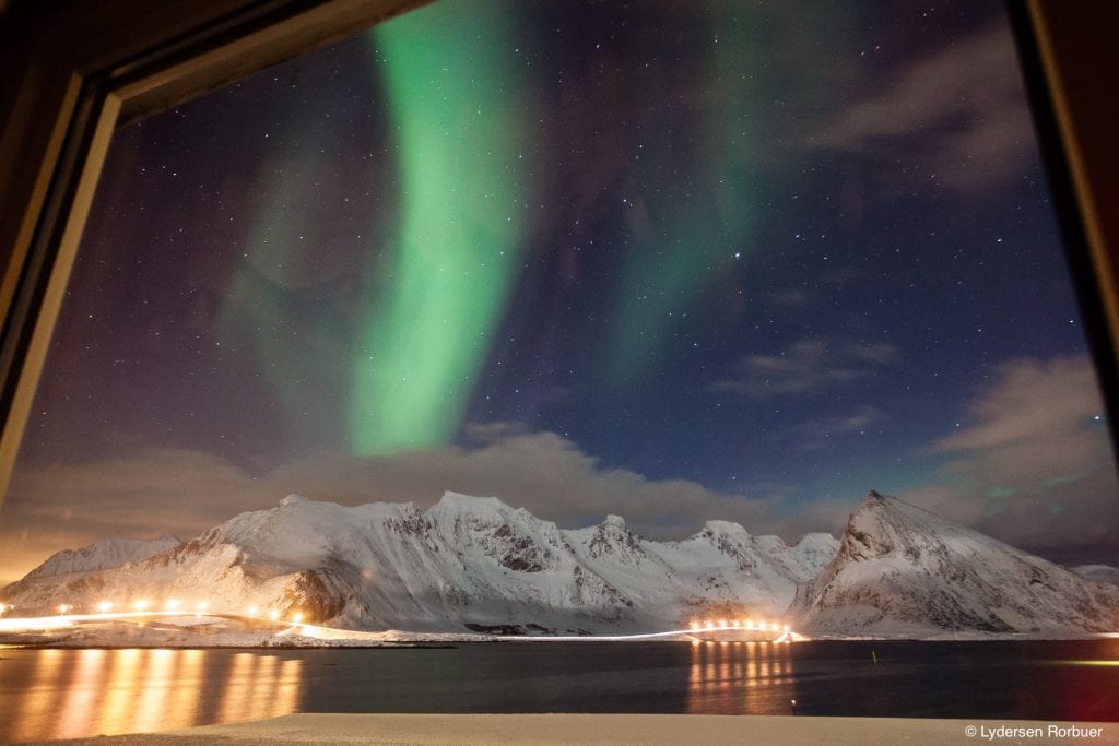 Lydersen Lofoten northern lights window view with mountains