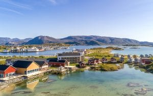 Exterior drone view of Sommarøy Arctic Hotel near Tromsø, Arctic Norway