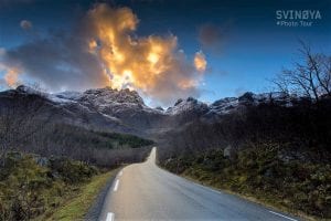 fjords and road sunny clouds bright day lofoten photo tour norway autumn