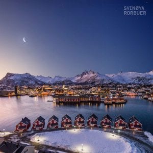 twilight scenic view of svolvaer svinoya rorbuer cabins in lofoten autumn